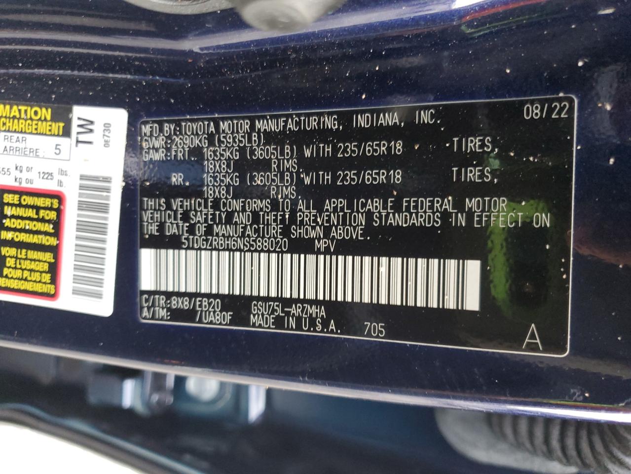 2022 Toyota Highlander Xle VIN: 5TDGZRBH6NS588020 Lot: 63451505