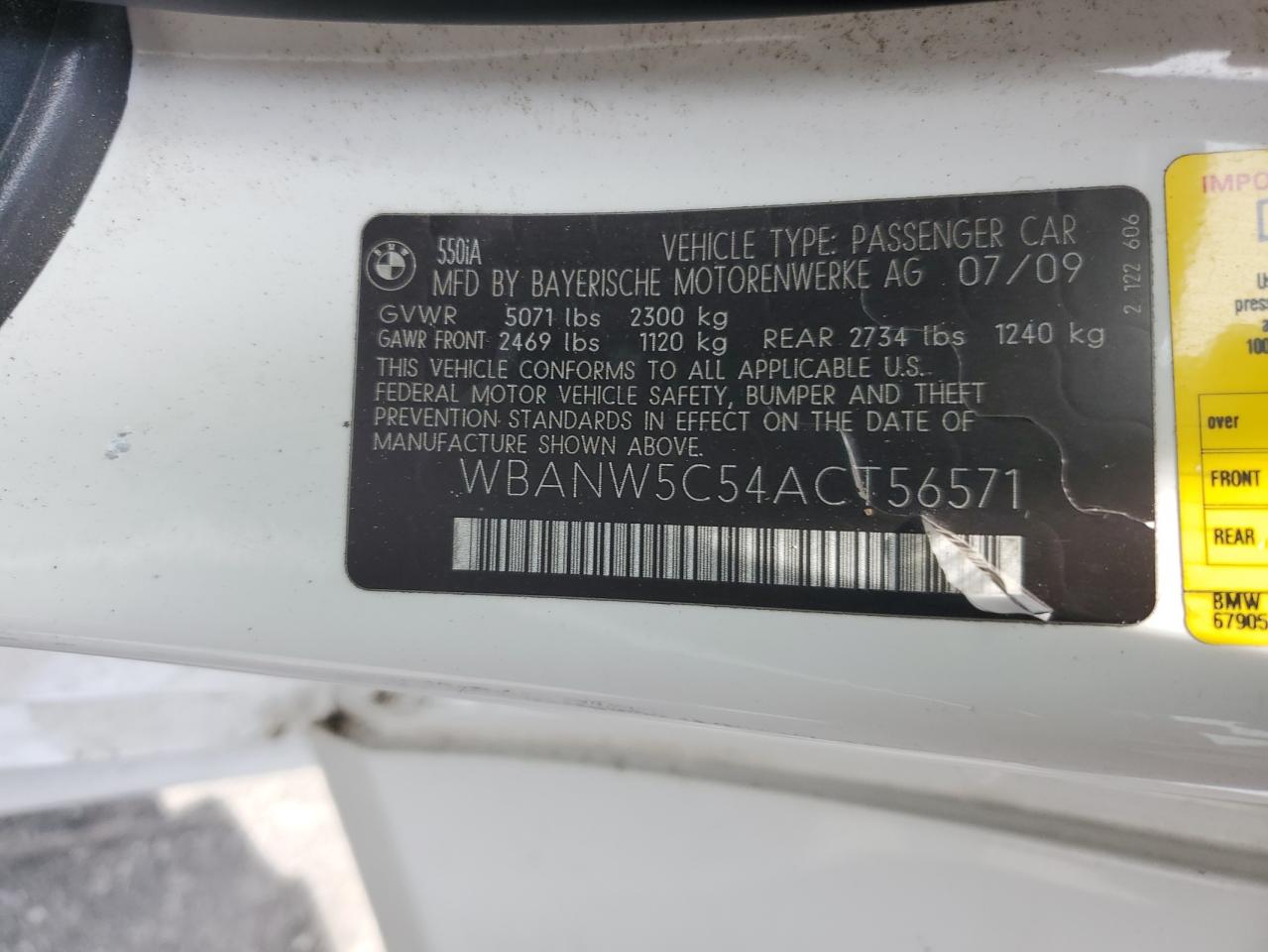 2010 BMW 550 I VIN: WBANW5C54ACT56571 Lot: 65741885
