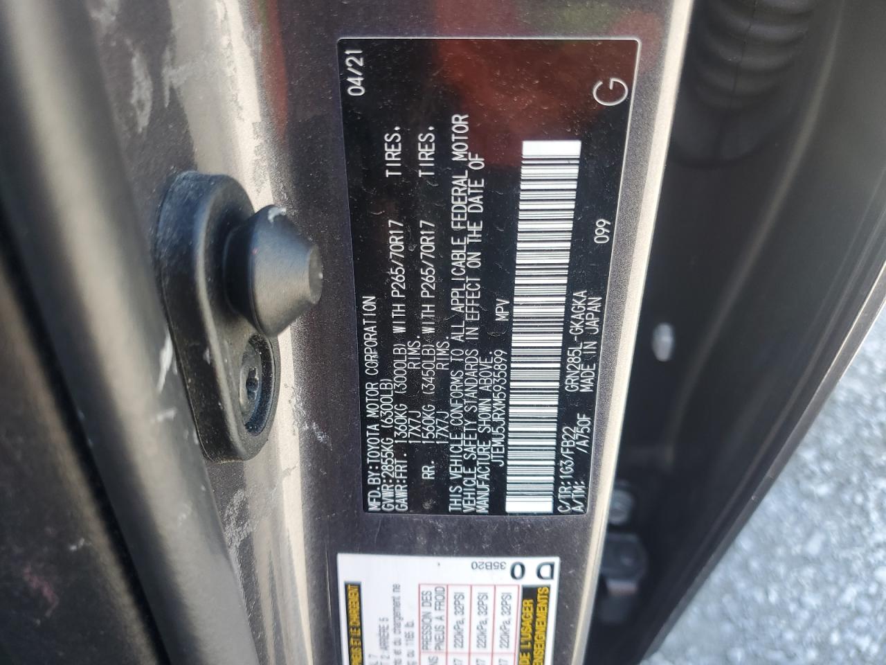 2021 Toyota 4Runner Sr5/Sr5 Premium VIN: JTEMU5JRXM5935899 Lot: 64482425