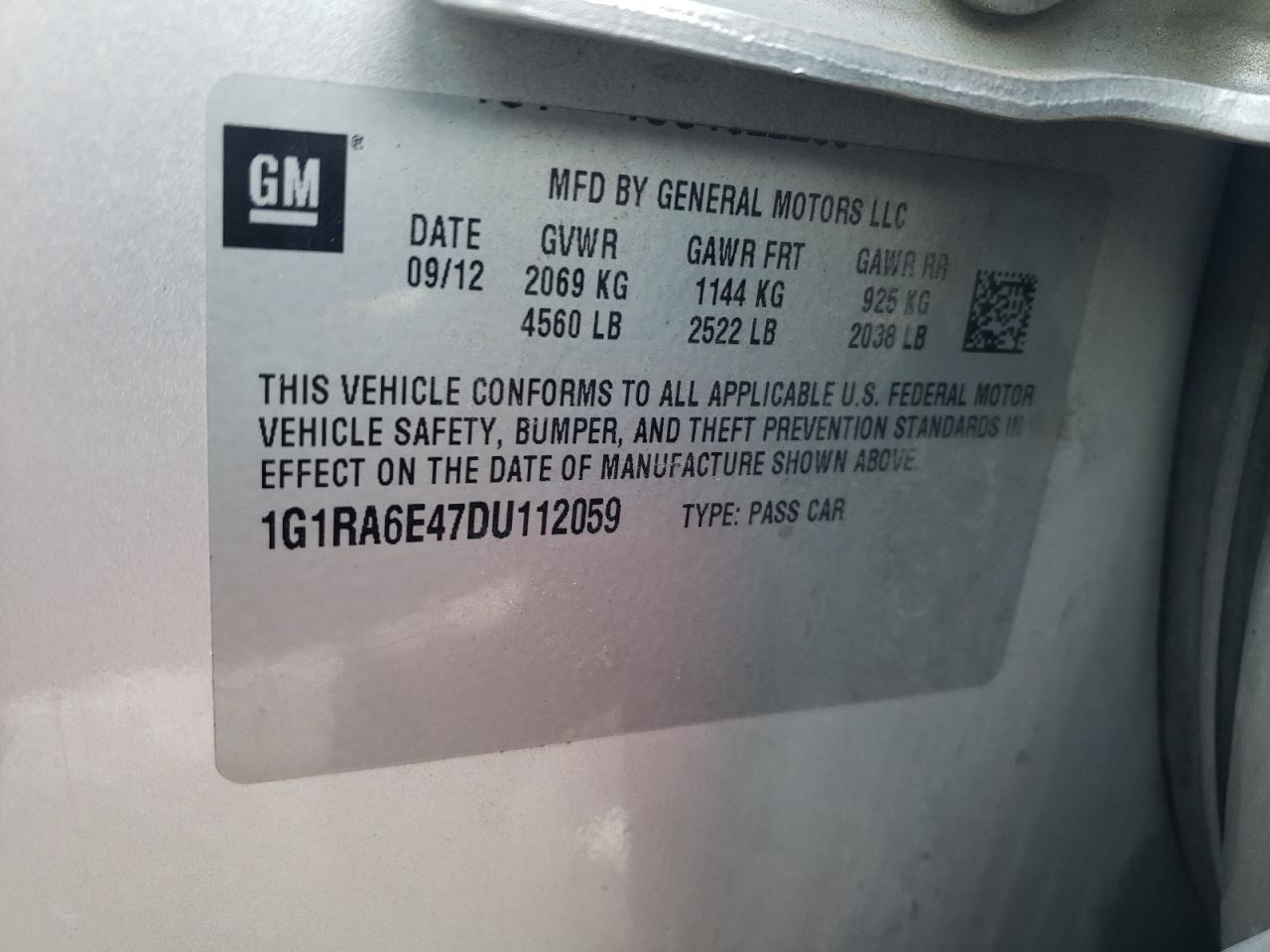 2013 Chevrolet Volt VIN: 1G1RA6E47DU112059 Lot: 64822725