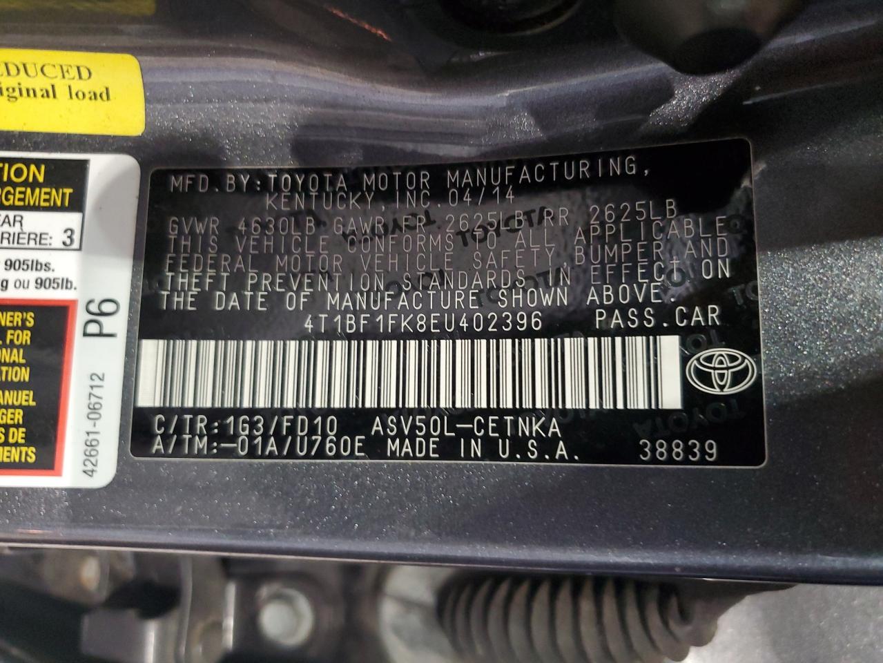 2014 Toyota Camry L VIN: 4T1BF1FK8EU402396 Lot: 64739995