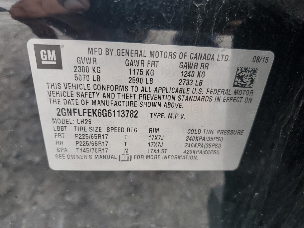 2016 Chevrolet Equinox Lt VIN: 2GNFLFEK6G6113782 Lot: 65220295