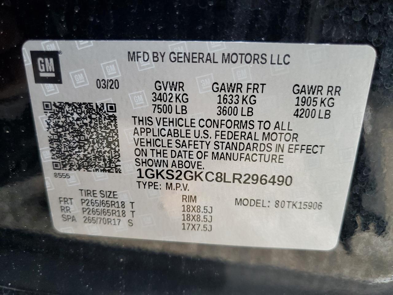 2020 GMC Yukon Xl K1500 Slt VIN: 1GKS2GKC8LR296490 Lot: 65250295