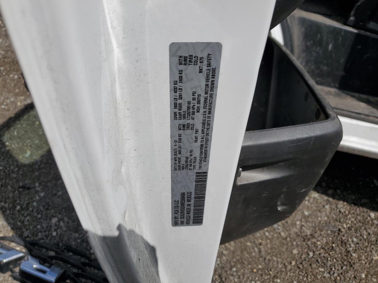 2021 Ram Promaster 2500 2500 High VIN: 3C6LRVDGXME566484 Lot: 63607435