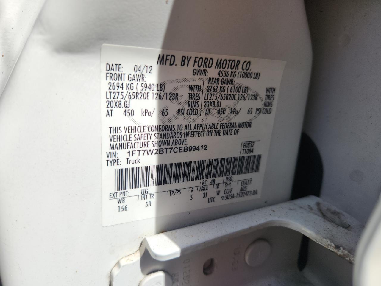2012 Ford F250 Super Duty VIN: 1FT7W2BT7CEB99412 Lot: 65507735