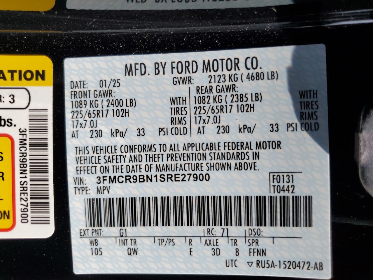 2025 Ford Bronco Sport Big Bend VIN: 3FMCR9BN1SRE27900 Lot: 63611345