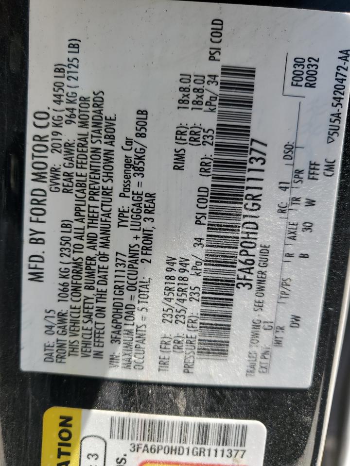 2016 Ford Fusion Se VIN: 3FA6P0HD1GR111377 Lot: 62967135