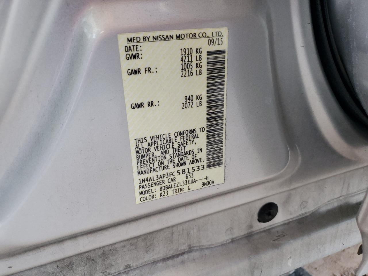 2015 Nissan Altima 2.5 VIN: 1N4AL3AP3FC581533 Lot: 66660285