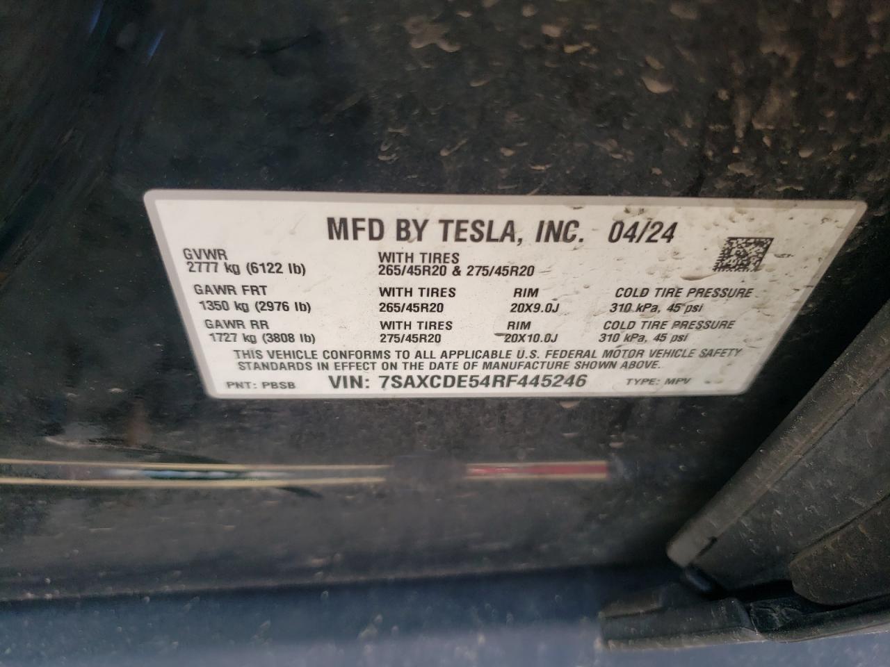 2024 Tesla Model X VIN: 7SAXCDE54RF445246 Lot: 62812615