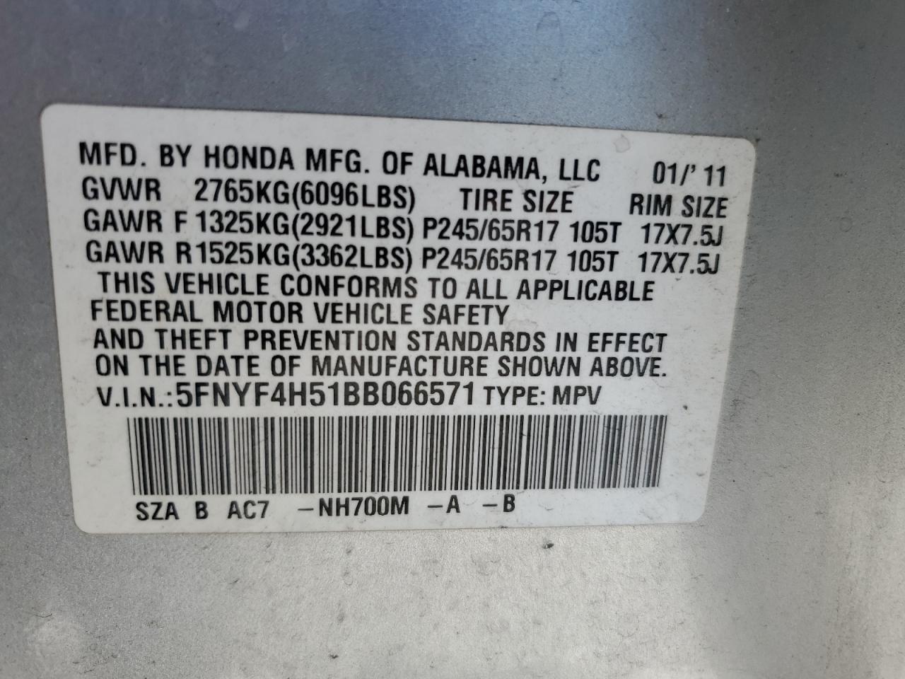 2011 Honda Pilot Exl VIN: 5FNYF4H51BB066571 Lot: 65506635