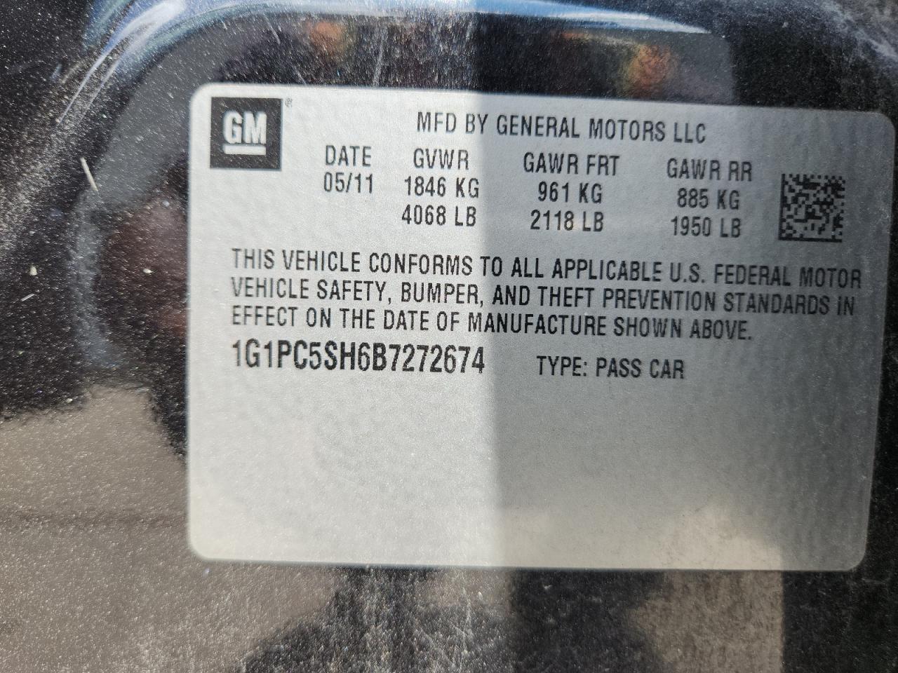 2011 Chevrolet Cruze Ls VIN: 1G1PC5SH6B7272674 Lot: 64389385
