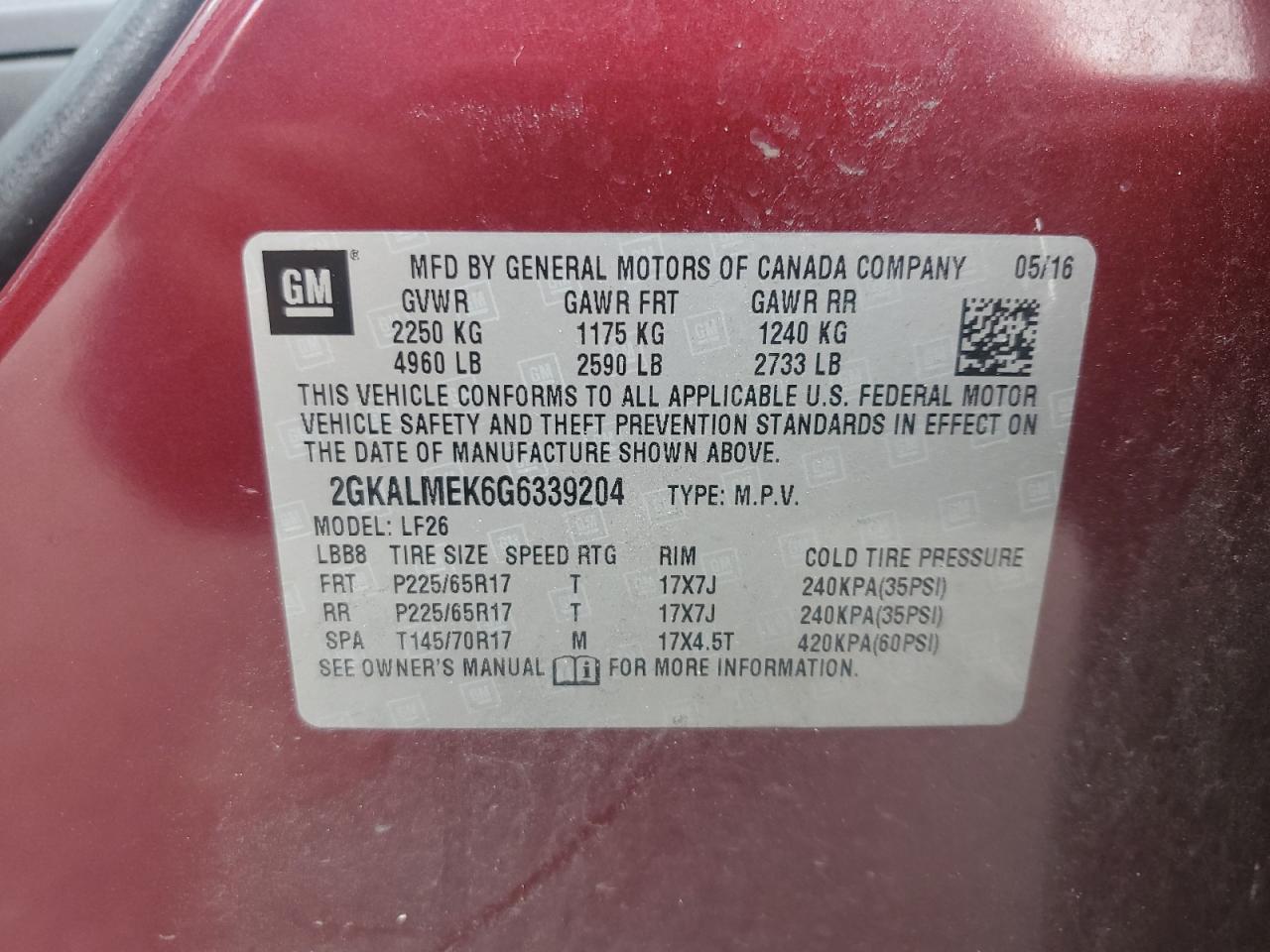 2016 GMC Terrain Sle VIN: 2GKALMEK6G6339204 Lot: 64674685
