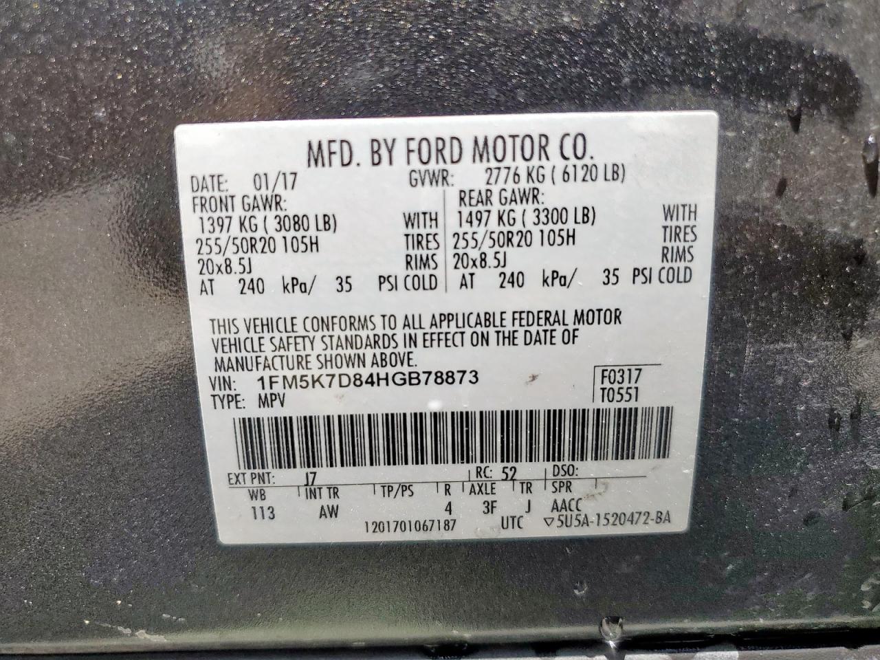 2017 Ford Explorer Xlt VIN: 1FM5K7D84HGB78873 Lot: 65470835