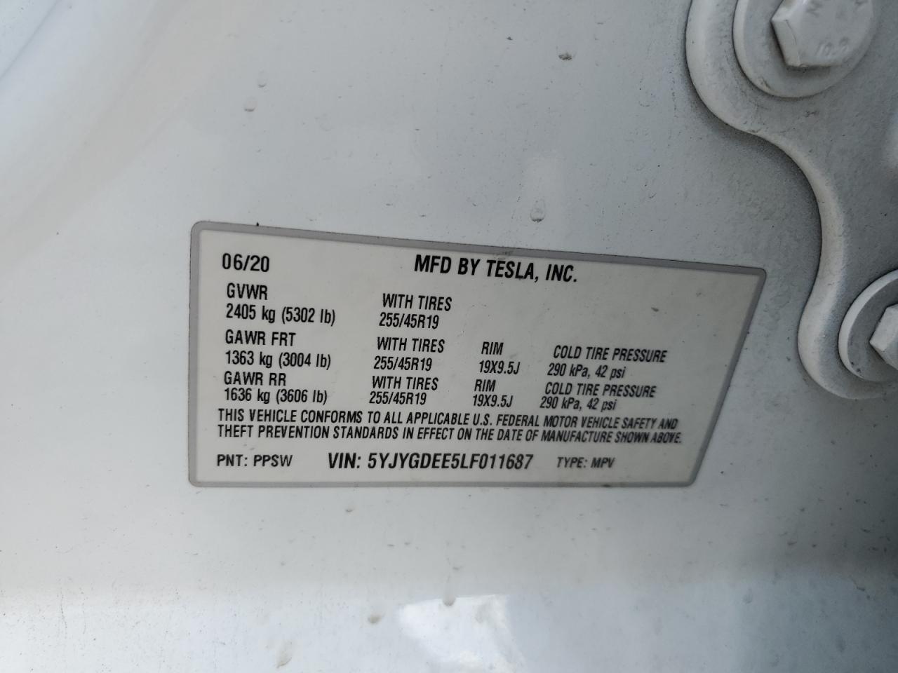 2020 Tesla Model Y VIN: 5YJYGDEE5LF011687 Lot: 64645135