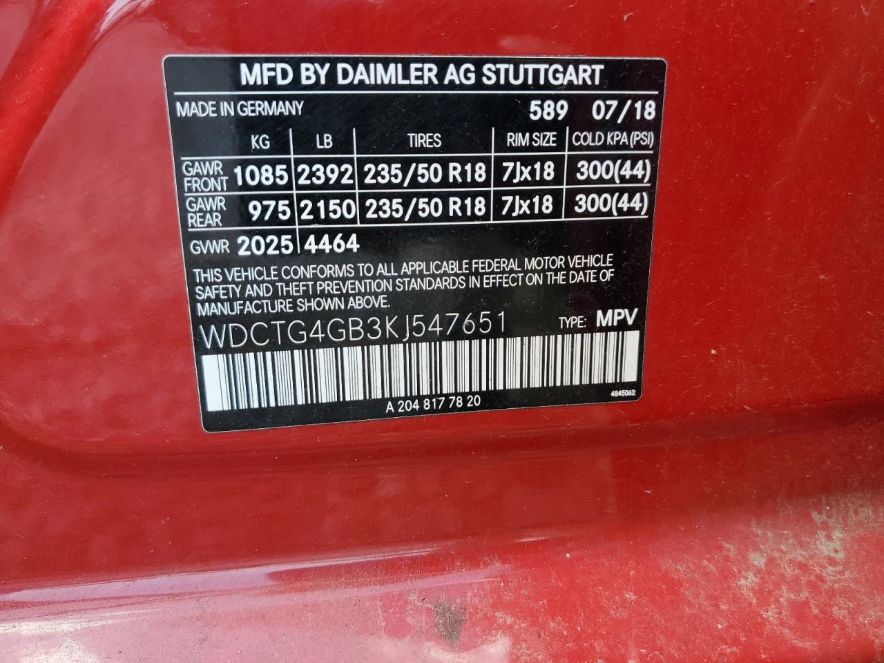 2019 Mercedes-Benz Gla 250 4Matic VIN: WDCTG4GB3KJ547651 Lot: 64772555