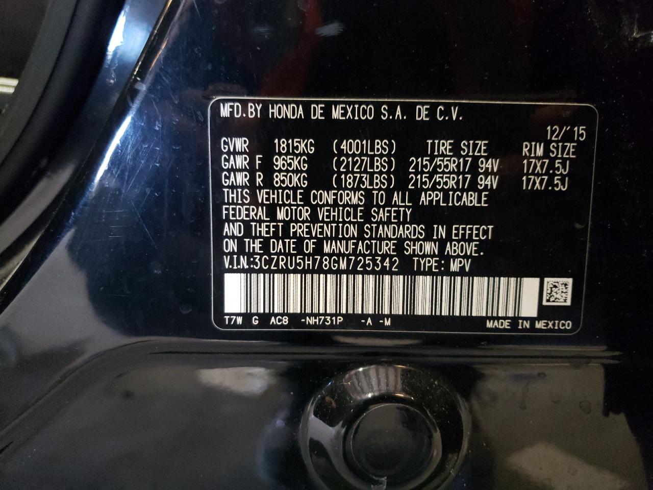 2016 Honda Hr-V Exl VIN: 3CZRU5H78GM725342 Lot: 64604575