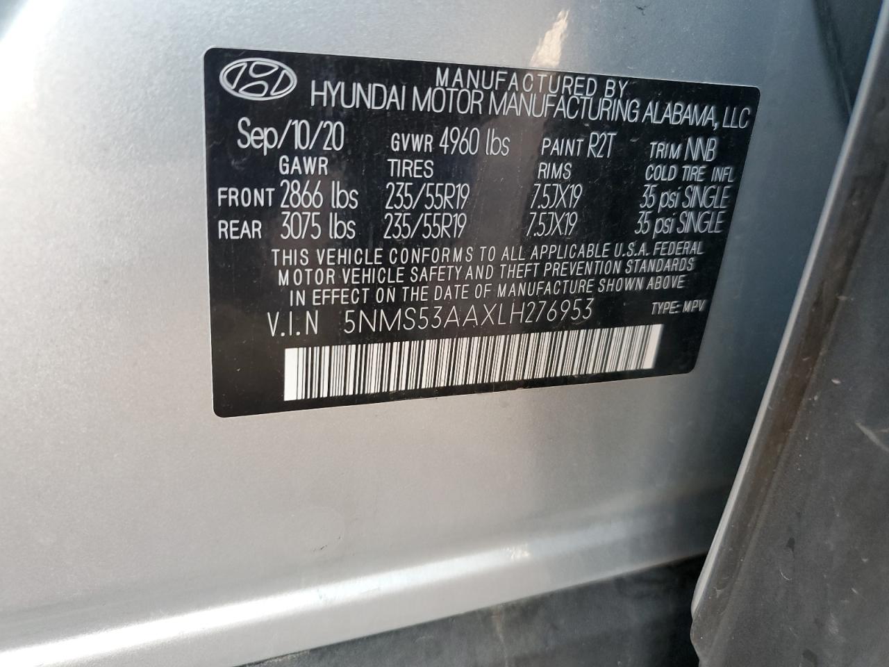 2020 Hyundai Santa Fe Limited VIN: 5NMS53AAXLH276953 Lot: 63458625