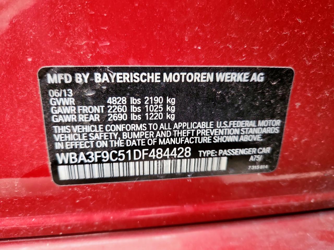 2013 BMW Activehybrid 3 VIN: WBA3F9C51DF484428 Lot: 63462075