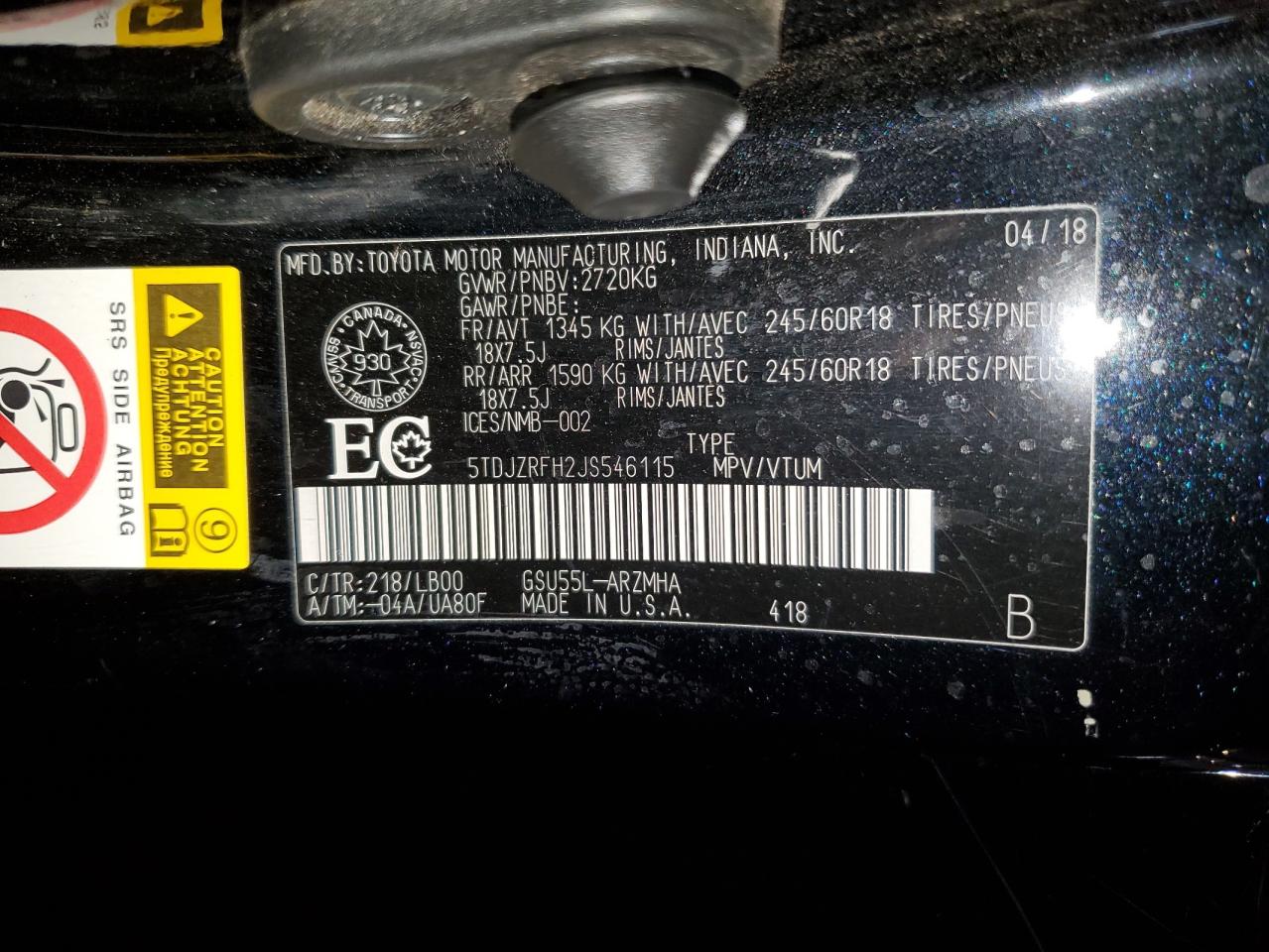 2018 Toyota Highlander Se VIN: 5TDJZRFH2JS546115 Lot: 64834315