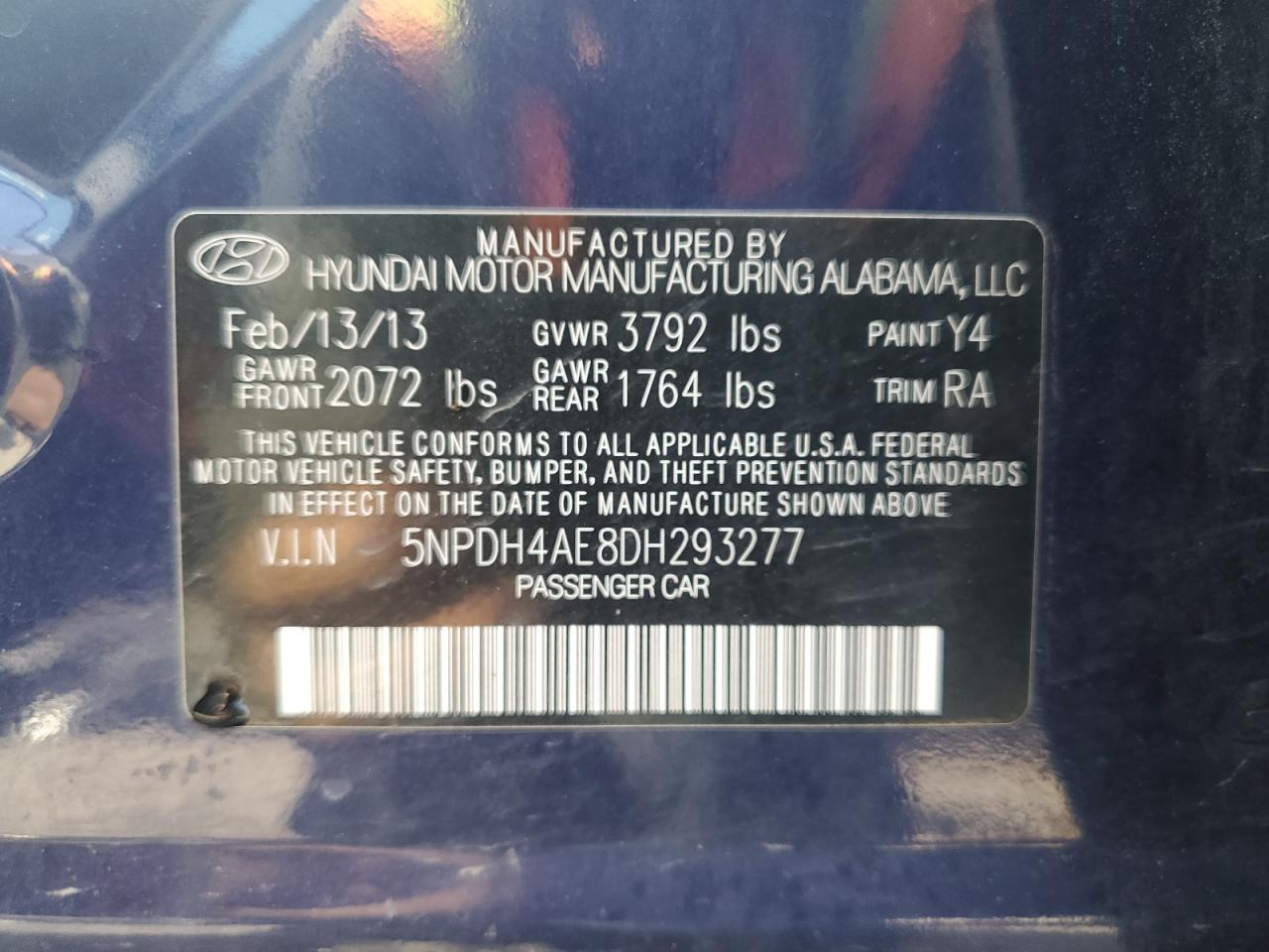 2013 Hyundai Elantra Gls VIN: 5NPDH4AE8DH293277 Lot: 63707375