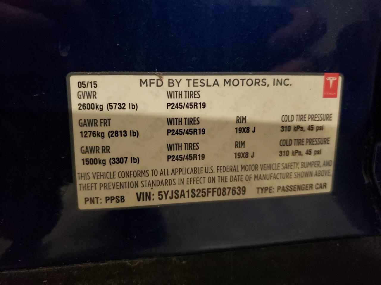 2015 Tesla Model S 70D VIN: 5YJSA1S25FF087639 Lot: 65021025