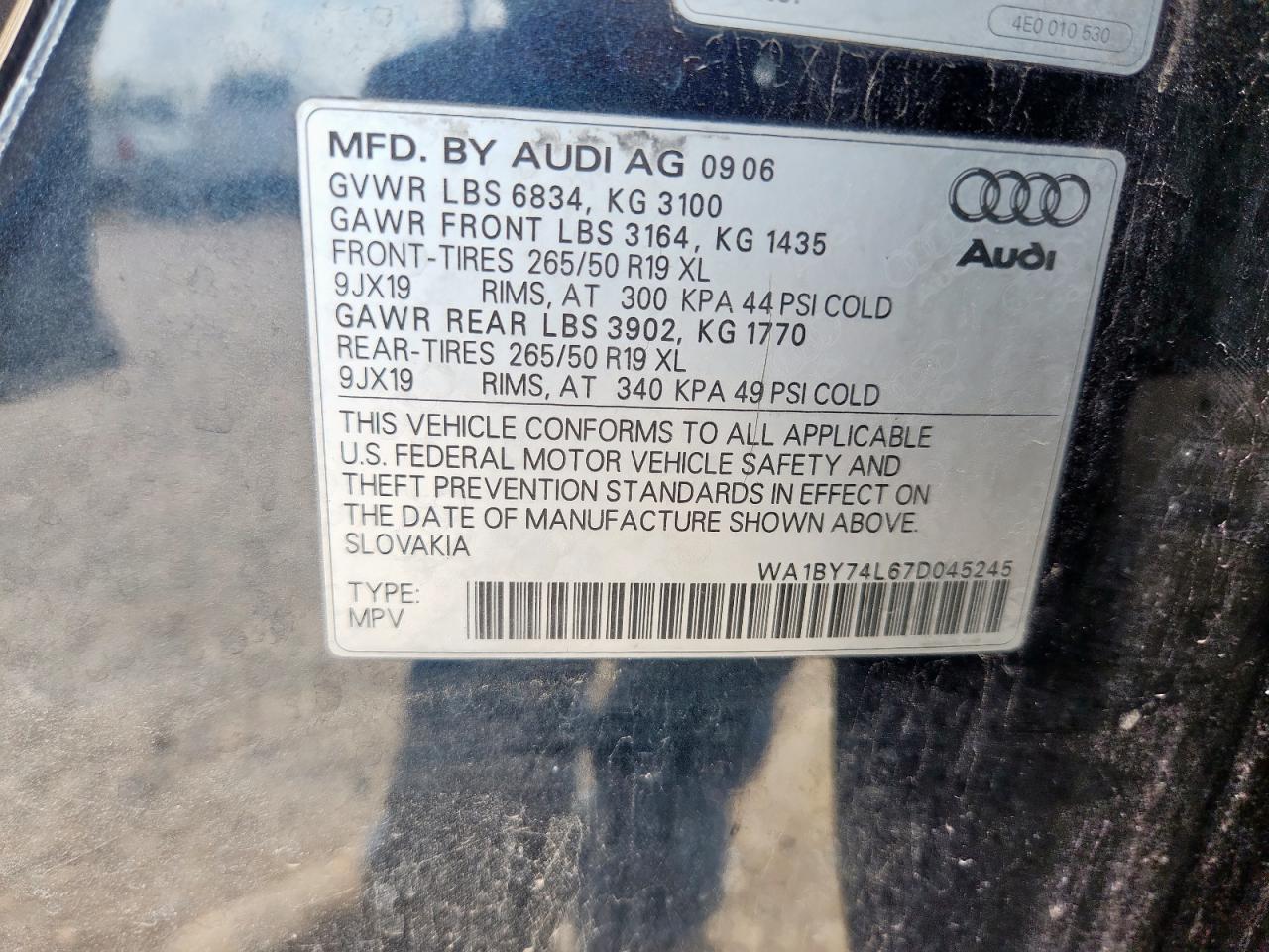 2007 Audi Q7 3.6 Quattro Premium VIN: WA1BY74L67D045245 Lot: 64659835