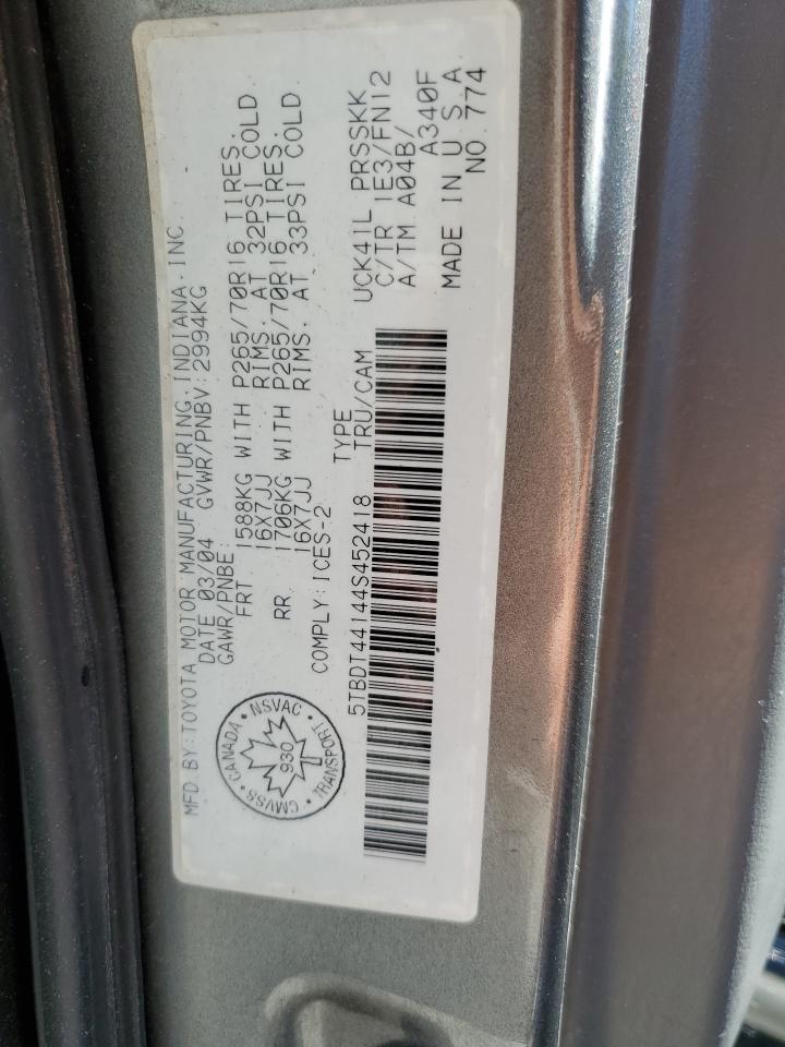 2004 Toyota Tundra Double Cab Sr5 VIN: 5TBDT44144S452418 Lot: 62548895