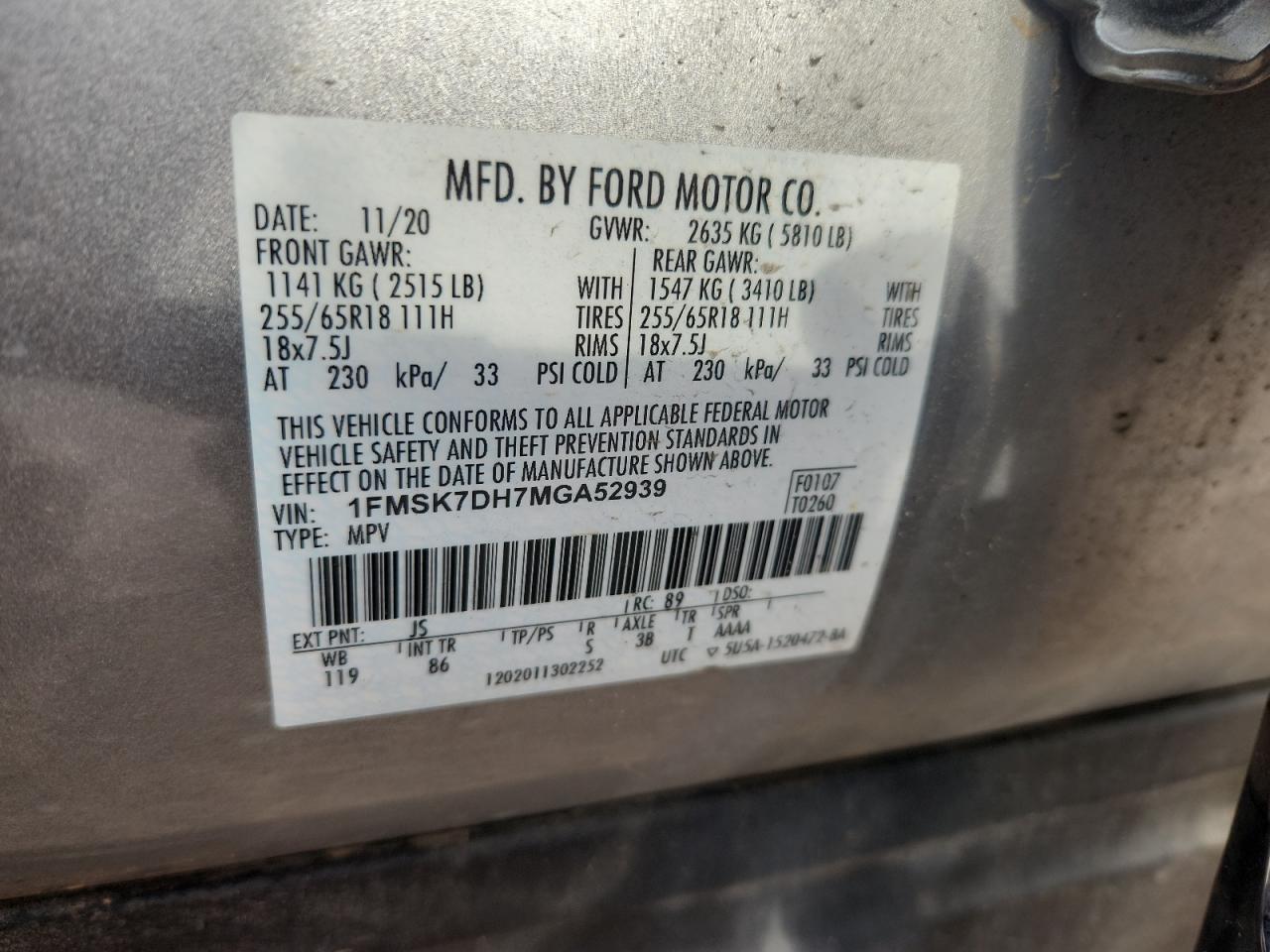 2021 Ford Explorer Xlt VIN: 1FMSK7DH7MGA52939 Lot: 64979535