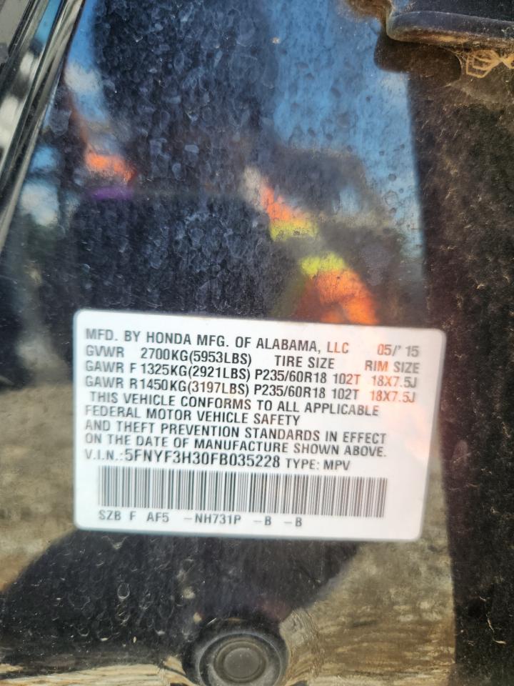 2015 Honda Pilot Se VIN: 5FNYF3H30FB035228 Lot: 62601805