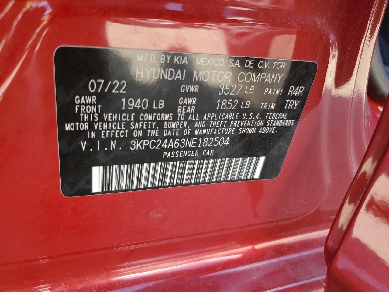 2022 Hyundai Accent Se VIN: 3KPC24A63NE182504 Lot: 63291465