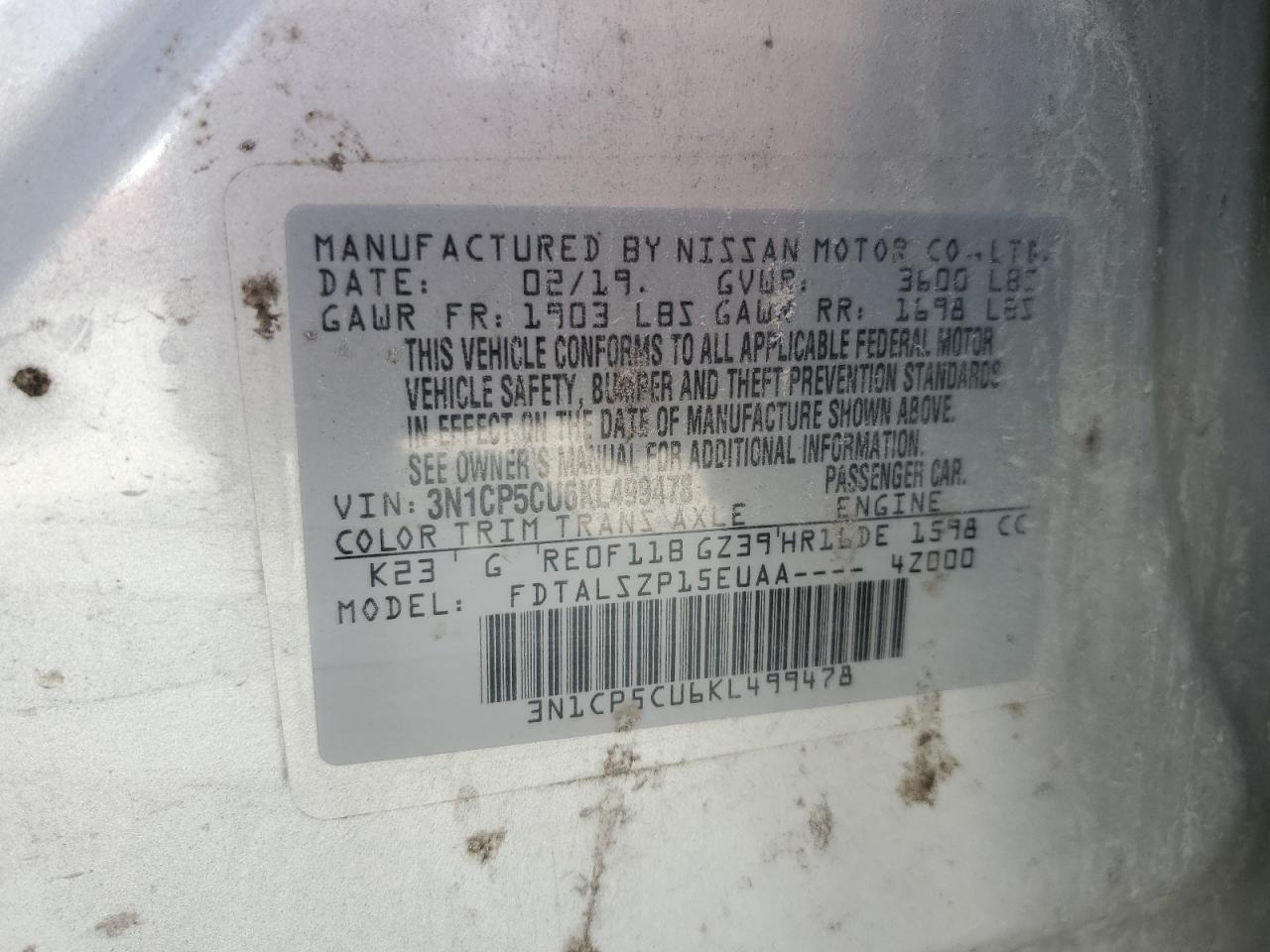 2019 Nissan Kicks S VIN: 3N1CP5CU6KL499478 Lot: 65654165