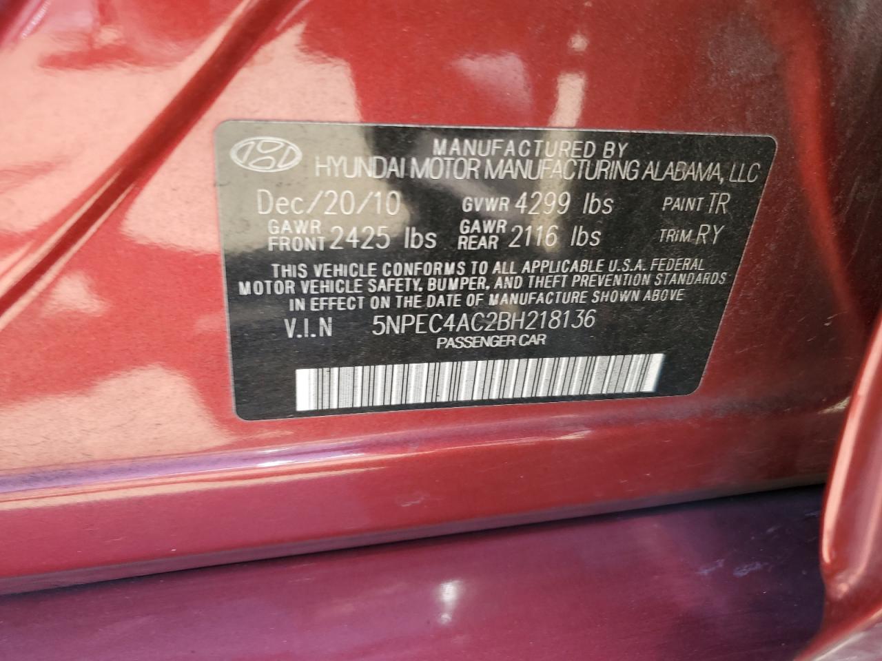 5npec4ac2bh218136 5NPEC4AC2BH218136 2011 Hyundai Sonata Se