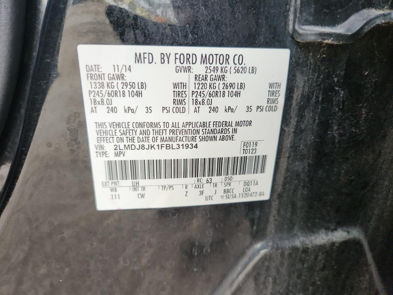 2015 Lincoln Mkx VIN: 2LMDJ8JK1FBL31934 Lot: 64905015