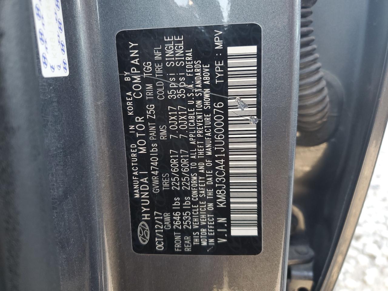 2018 Hyundai Tucson Sel VIN: KM8J3CA41JU600076 Lot: 63283235