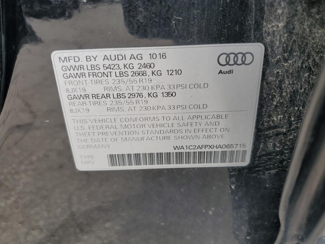 2017 Audi Q5 Premium VIN: WA1C2AFPXHA065715 Lot: 64507165