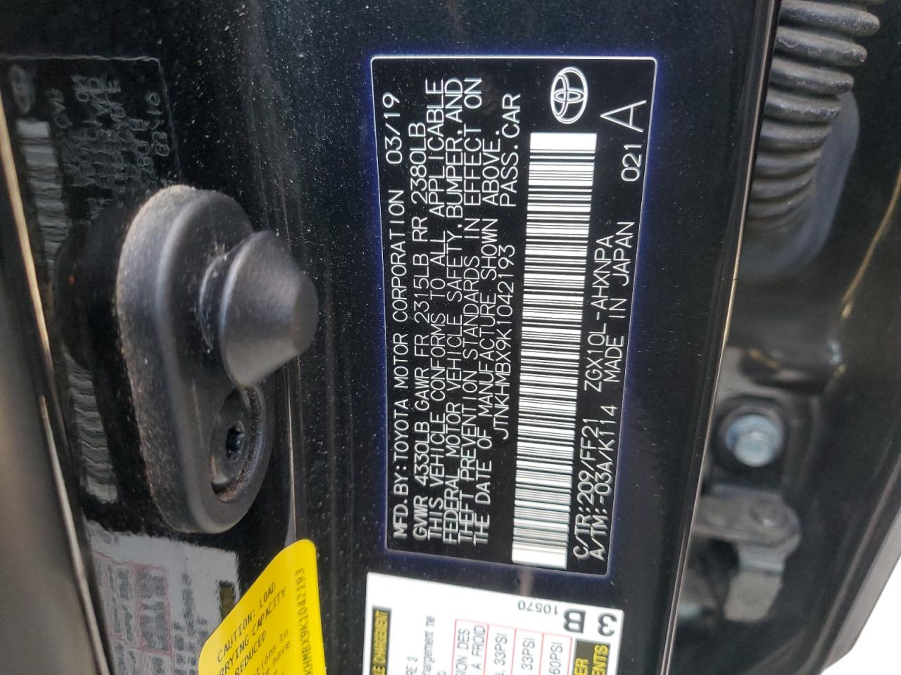 2019 Toyota C-Hr Xle VIN: JTNKHMBX9K1042193 Lot: 63639635