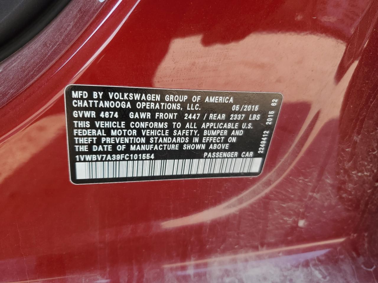 2015 Volkswagen Passat Se VIN: 1VWBV7A39FC101554 Lot: 64838385