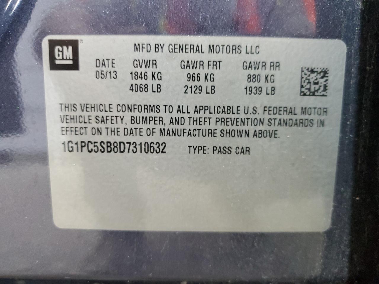 2013 Chevrolet Cruze Lt VIN: 1G1PC5SB8D7310632 Lot: 65348235