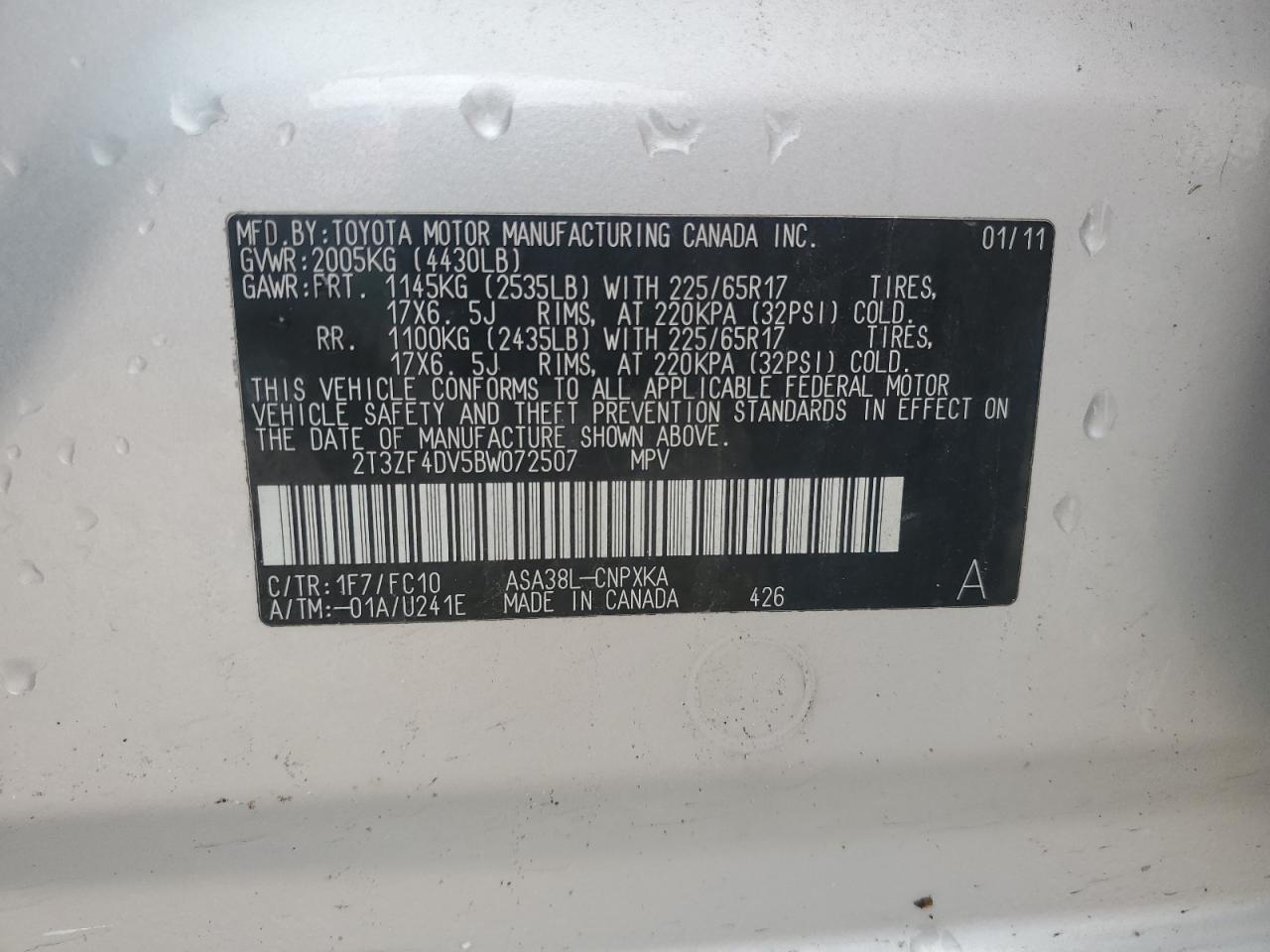 2011 Toyota Rav4 VIN: 2T3ZF4DV5BW072507 Lot: 64369715