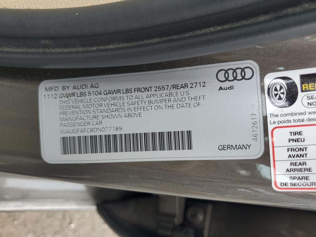 2013 Audi A6 Premium Plus VIN: WAUGFAFC8DN077189 Lot: 64370265