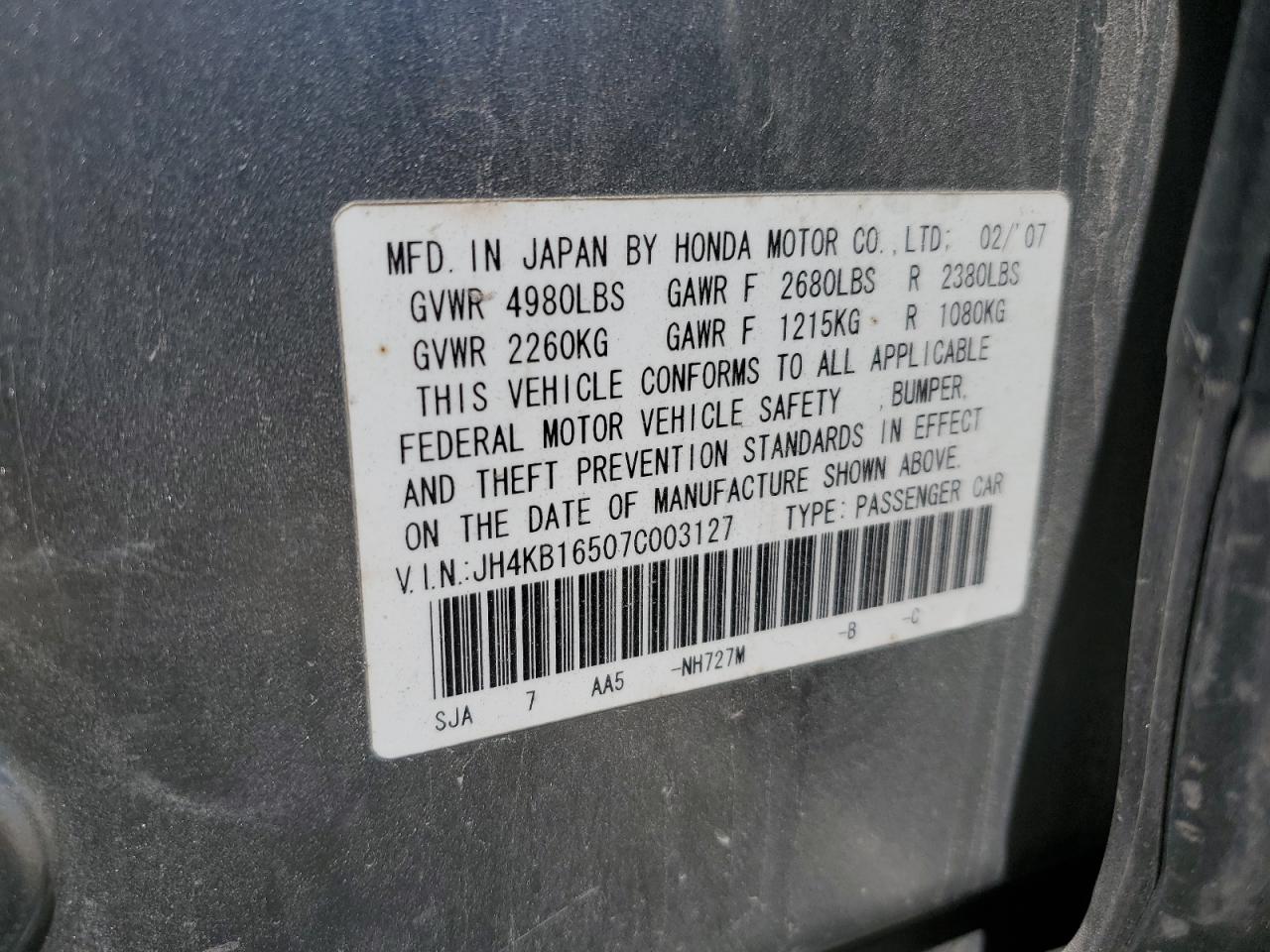 2007 Acura Rl VIN: JH4KB16507C003127 Lot: 62666945
