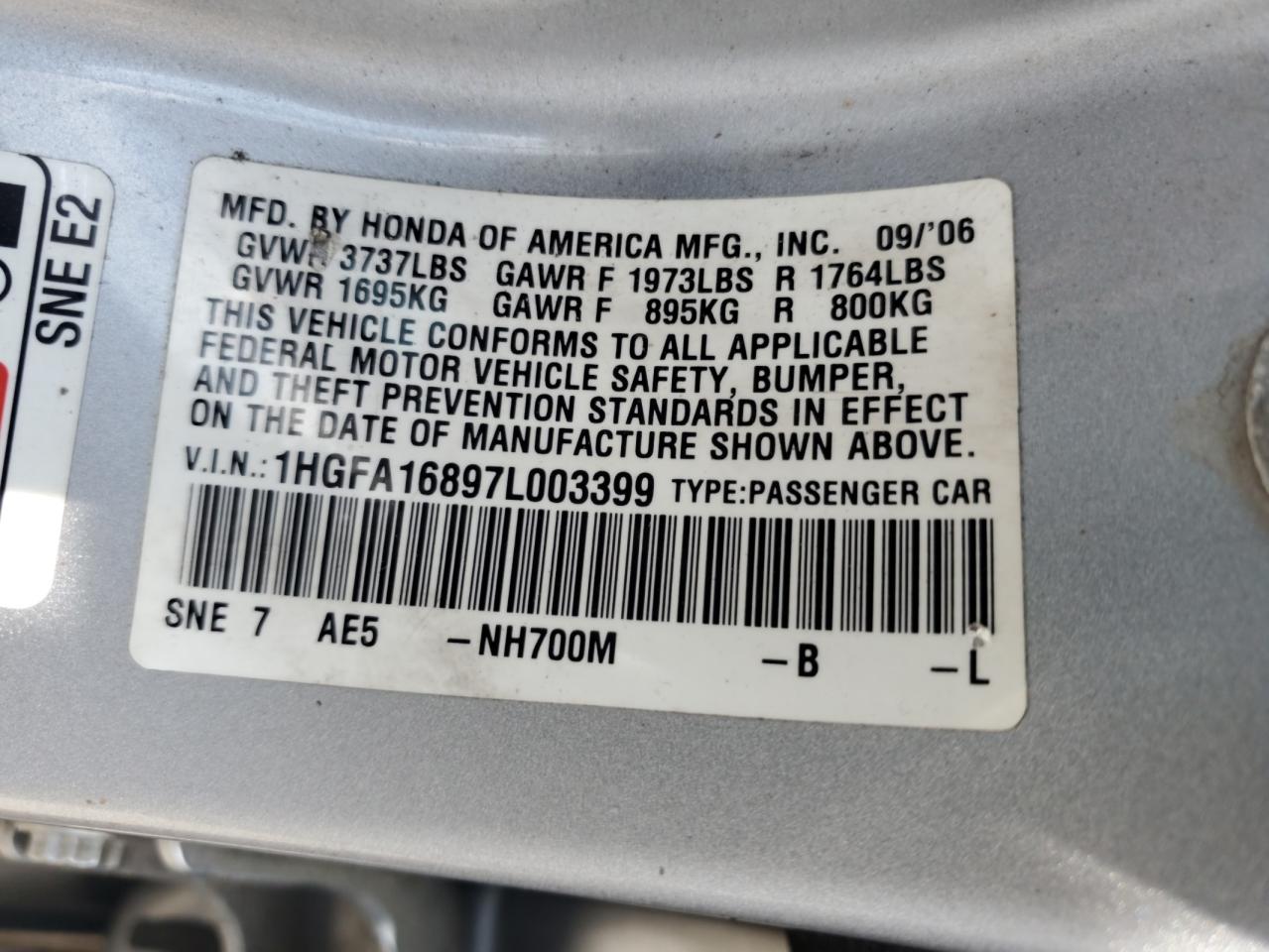2007 Honda Civic Ex VIN: 1HGFA16897L003399 Lot: 62594935