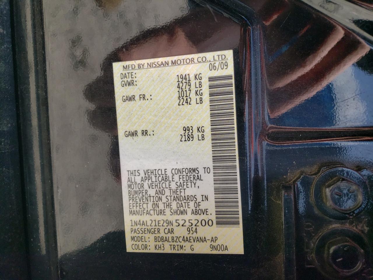 2009 Nissan Altima 2.5 VIN: 1N4AL21E29N525200 Lot: 64007165