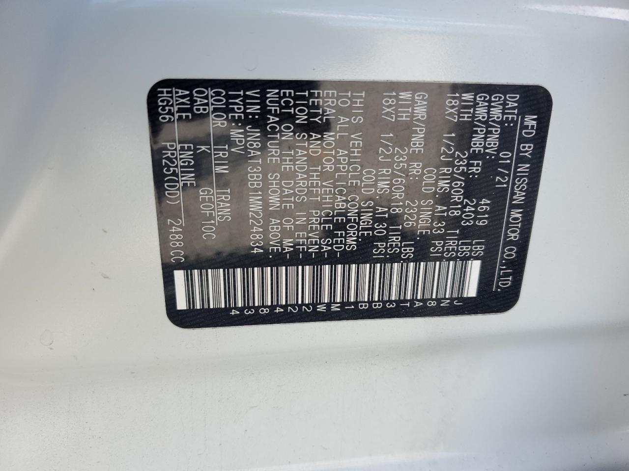 2021 Nissan Rogue Sv VIN: JN8AT3BB1MW224834 Lot: 64860185