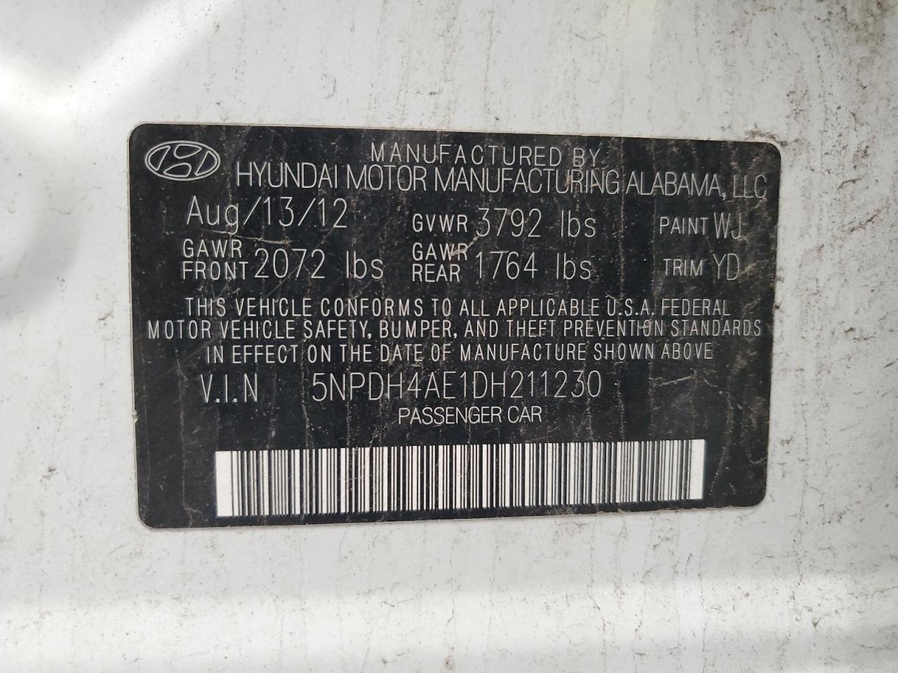 2013 Hyundai Elantra Gls VIN: 5NPDH4AE1DH211230 Lot: 64574535