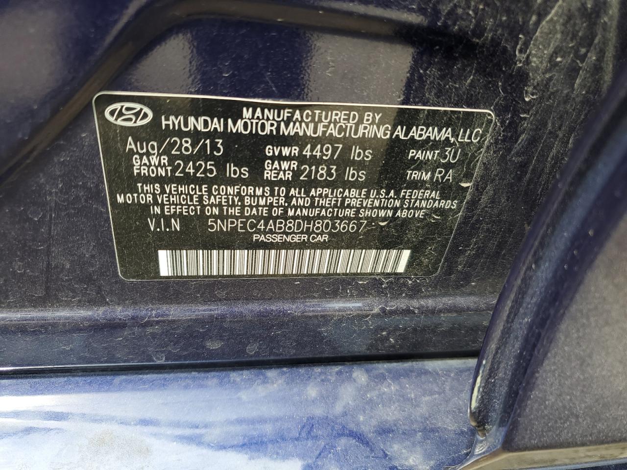2013 Hyundai Sonata Se VIN: 5NPEC4AB8DH803667 Lot: 64247025