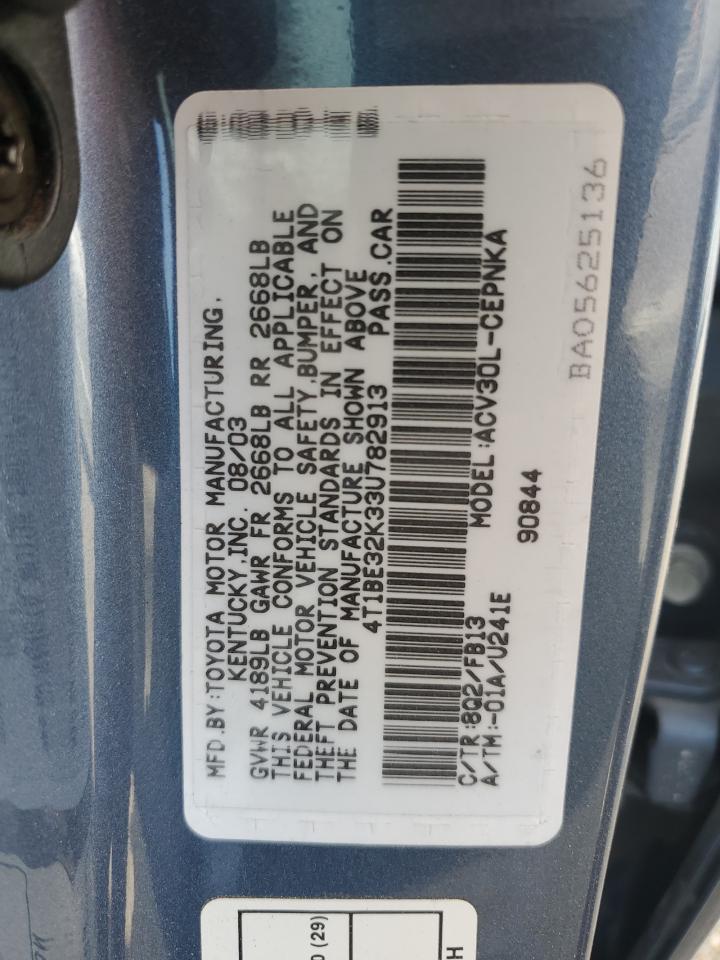 2003 Toyota Camry Le VIN: 4T1BE32K33U782913 Lot: 63060075