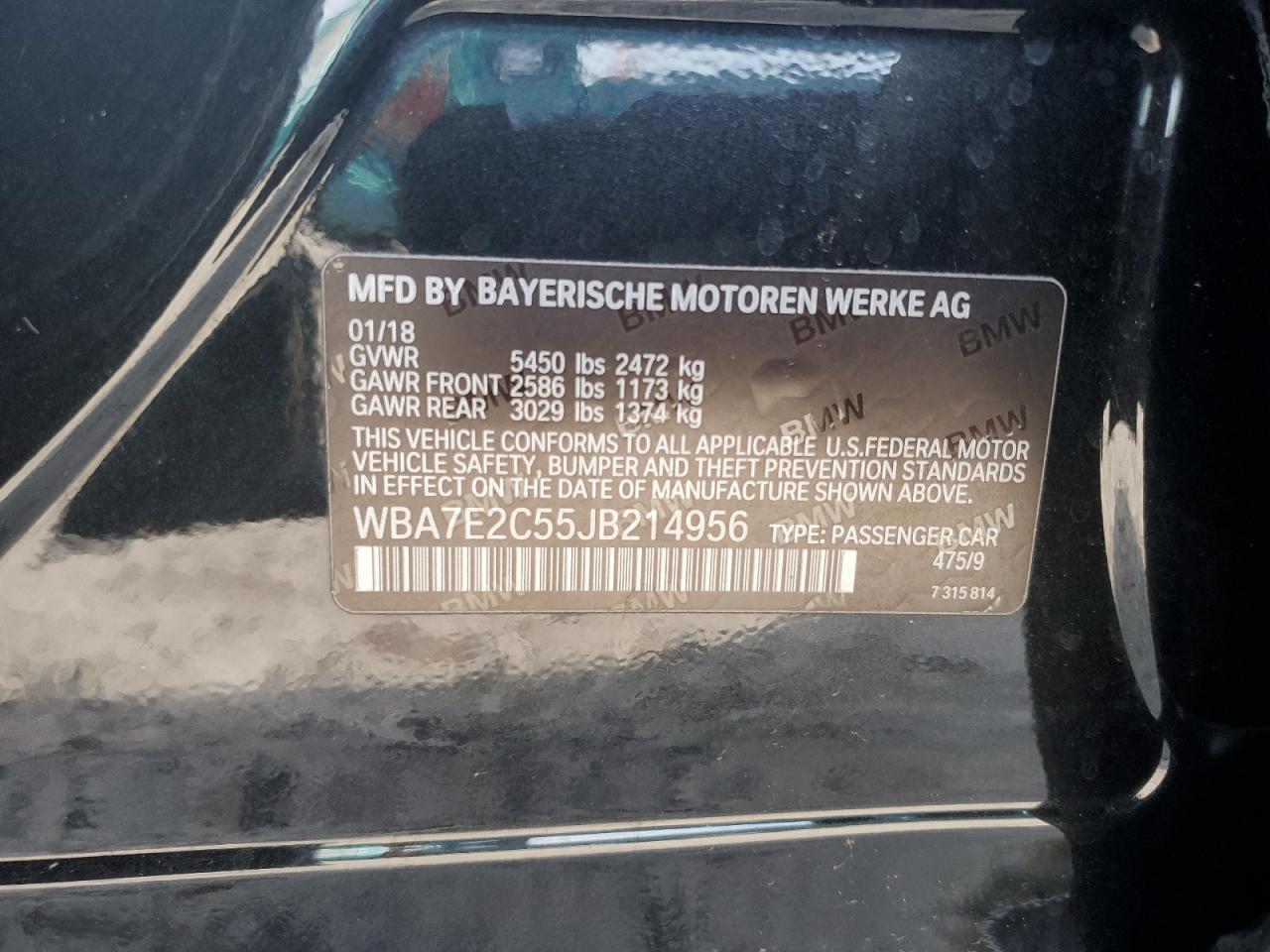 2018 BMW 740 I VIN: WBA7E2C55JB214956 Lot: 63423525
