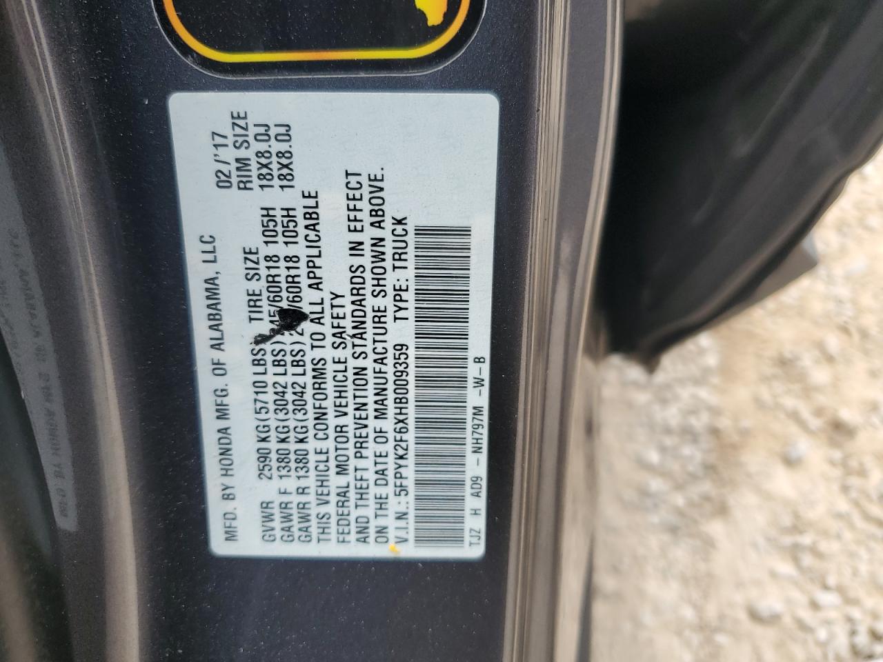 2017 Honda Ridgeline Rtl VIN: 5FPYK2F6XHB009359 Lot: 64070575