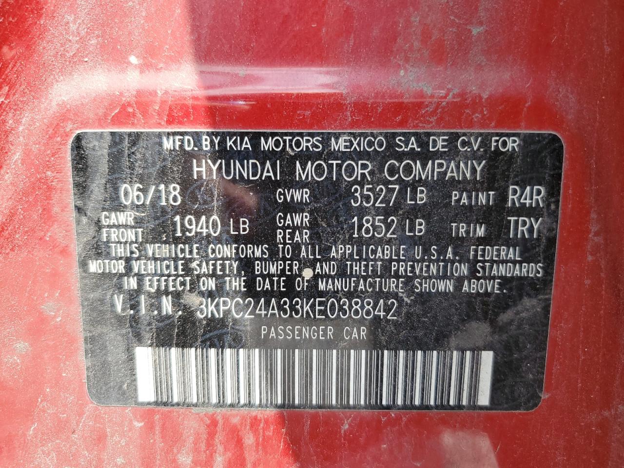 2019 Hyundai Accent Se VIN: 3KPC24A33KE038842 Lot: 64832895